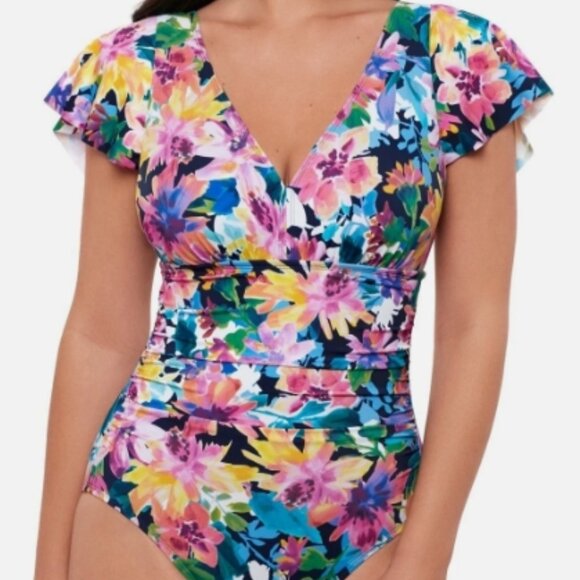 NWT! Swim Solutions Multi Color Floral Flutter Slimming One Piece Swimsuit NEW! - Picture 1 of 3